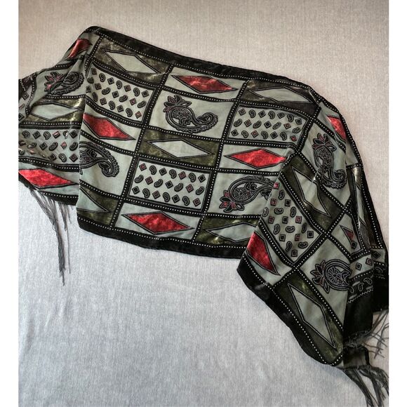 Velvet Burnout Scarf Womens Black Red Green Sheer Paisley Boho Fringe Festival - Picture 3 of 7